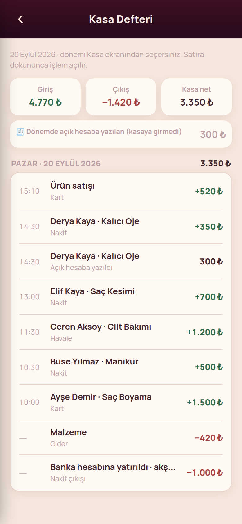 Kasa defteri — günün tüm giriş ve çıkışları