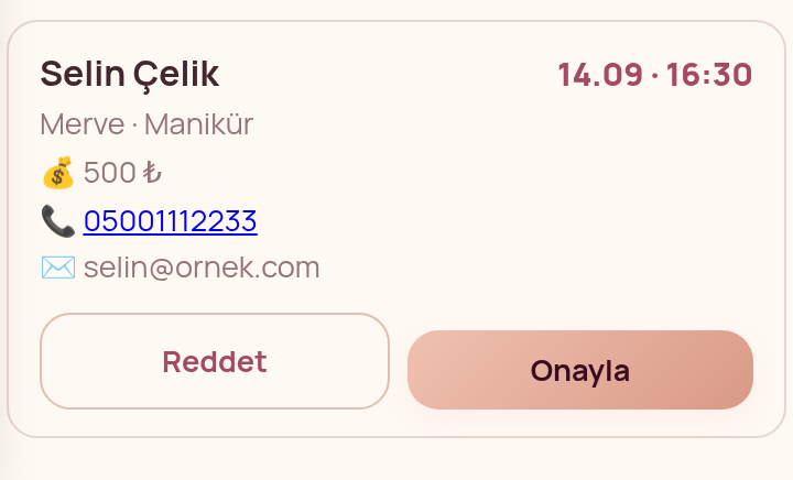 Salon sahibine düşen randevu isteği kartı — onayla veya reddet