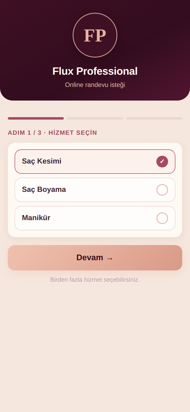Müşterinin gördüğü online randevu sayfası — hizmet, çalışan, gün ve saat seçimi